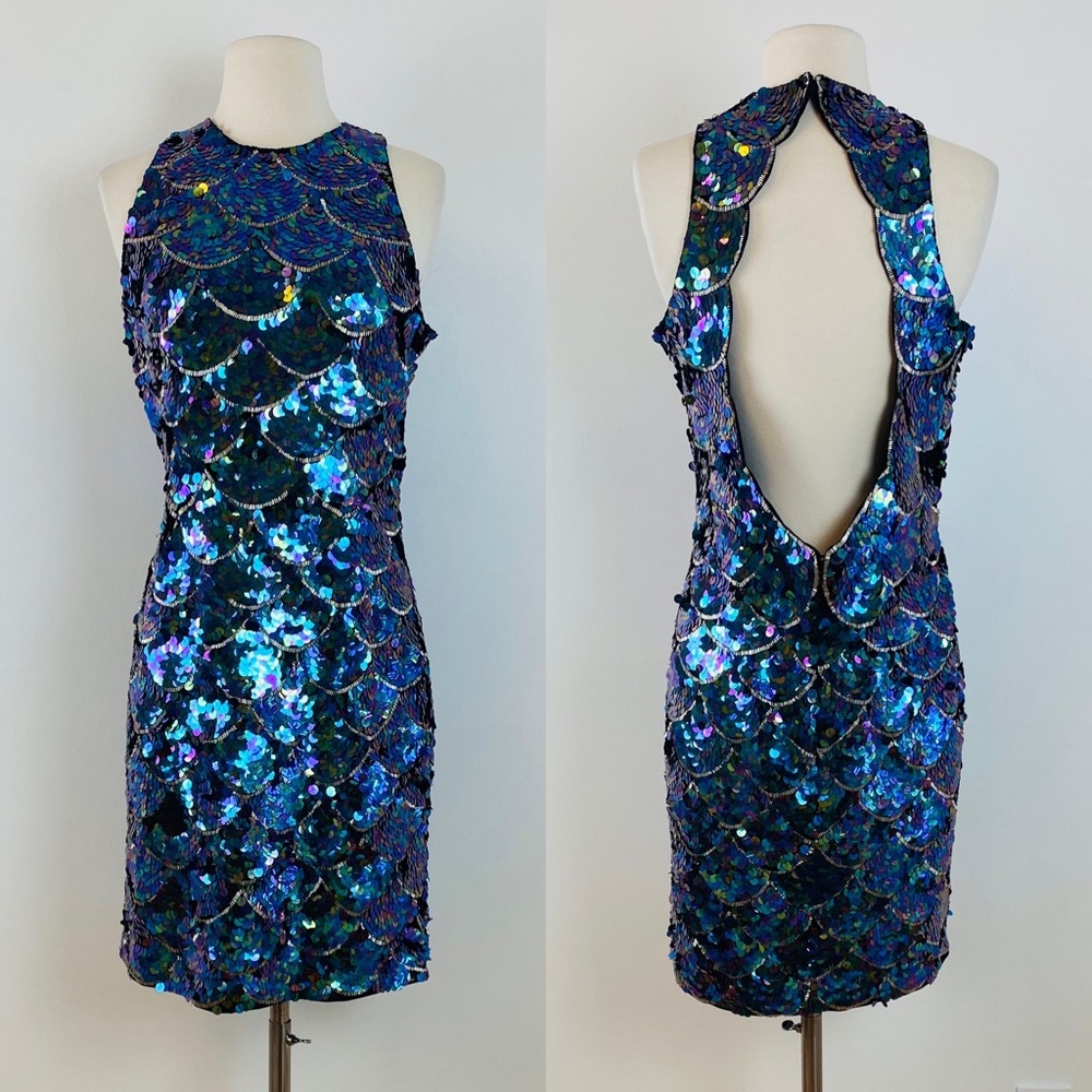 Vintage Blue + Silver Sequin Beaded Mermaid Scales Open Back Mini Dress